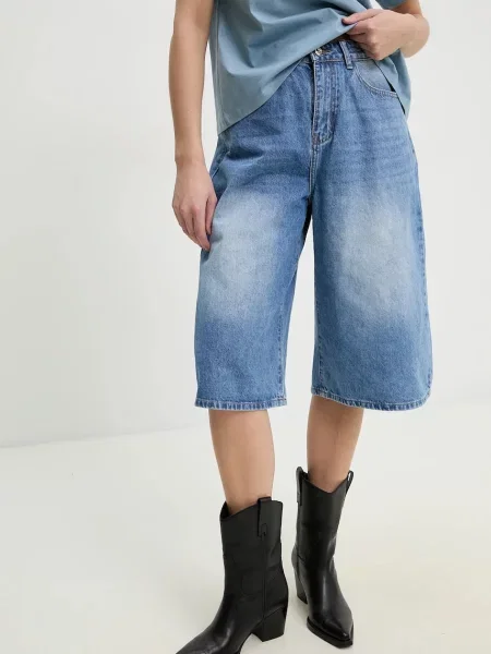 Дънков къс панталон Answear Lab с изчистен дизайн с висока талия синьо