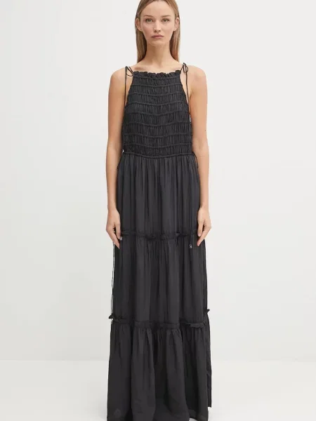 GANNI rochie Viscose Habotai Maxi Smock Slip maxi evazați negru