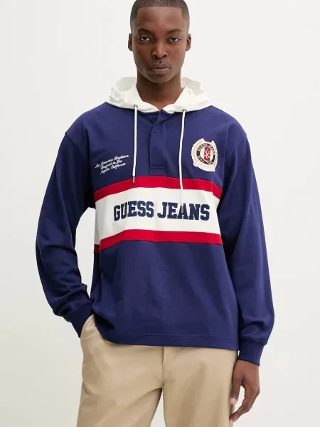 Bombažen pulover Guess Jeans s kapuco modra