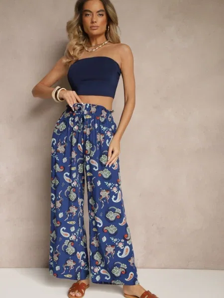 Spodnie Boho w Stylu Palazzo z Gumką w Pasie i Wysokim Stanem Pravia niebieskie