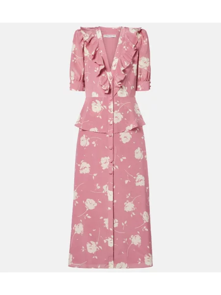Rochie midi Alessandra Rich de mătase cu model floral cu volane roz