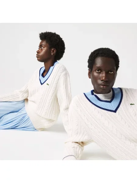 Lacoste Unisexowy Sweter Z Dekoltem W Serek I Wzorem W Kolorze Białym biały