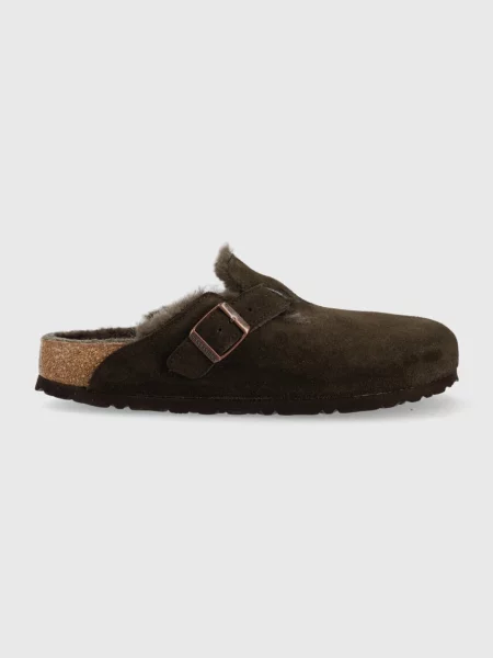 Birkenstock papuci din piele Boston FUR femei maro