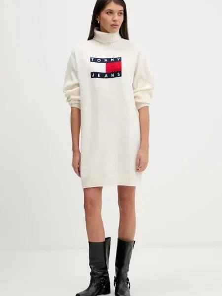 Tommy Jeans sukienka z domieszką wełny mini prosta beżowy