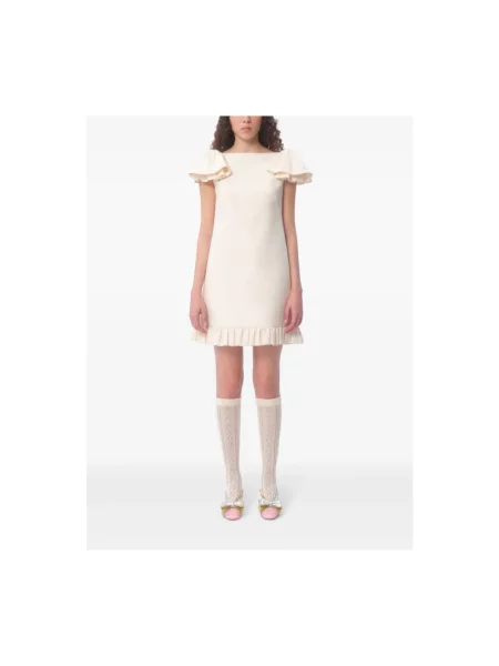 Jedwabna sukienka mini Valentino z kokardką z rękawami balonowymi beżowa