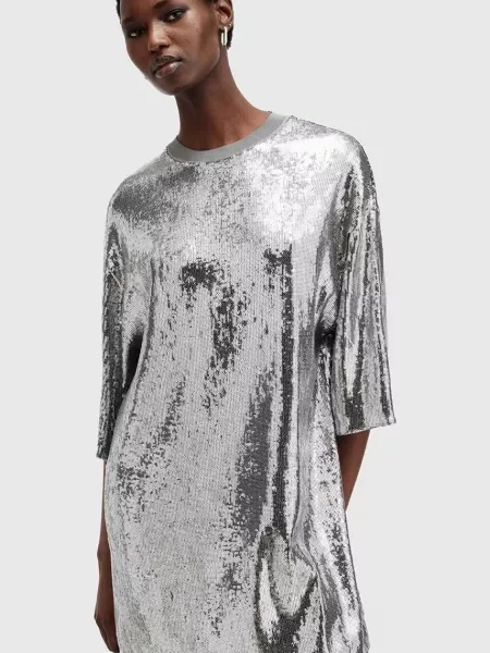 AllSaints rochie OPAL LOGO DRESS mini drept argintiu