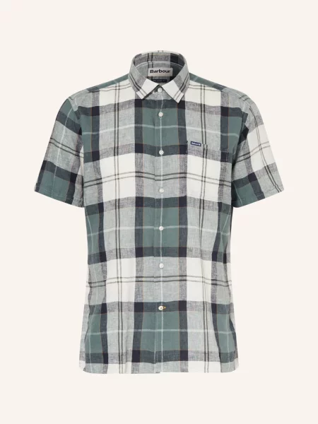 Barbour Košile S Krátkým Rukávem Croft Relaxed Fit S Lnem petrolejová / světle / tmavě modrá šedá