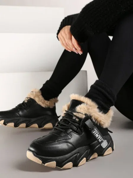 Sneakersy Przed Kostkę na Płaskiej Grubej Podeszwie z Ociepleniem ze Sztucznego Futerka Borrolla czarne