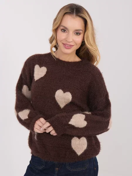 Pulover Italy Moda cu motiv cu inimi maro