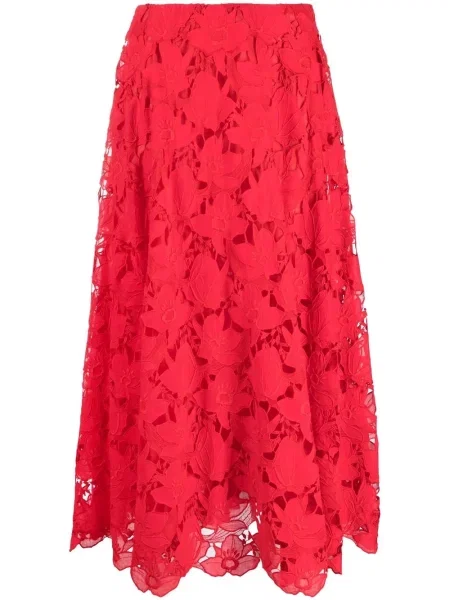 Fustă midi Valentino Garavani cu model floral din dantelă roșu