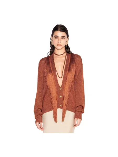 Kardigan Akep z frędzli z dekoltem w serek pomarańczowy