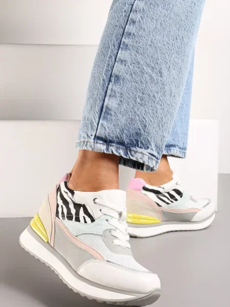 Sneakersy na Ukrytym Niewysokim Koturnie z Brokatem Fioralan białe