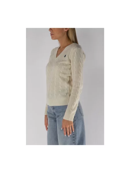 Sweter Polo Ralph Lauren z dekoltem w serek wełniany beżowy