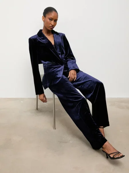 Answear.LAB spodnie welurowe granatowy szerokie high waist