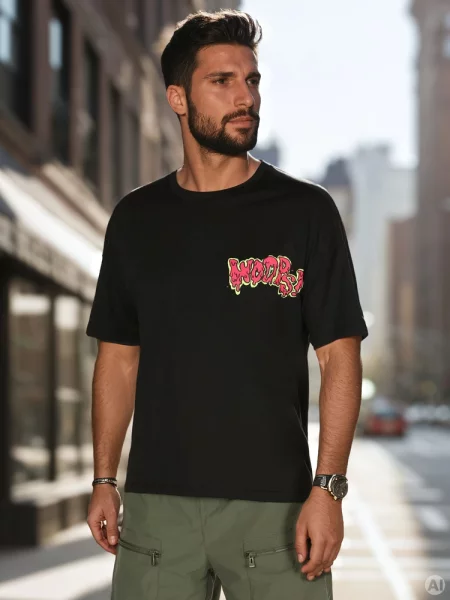 T-shirt z nadrukiem i bawełną Dstreet czarny