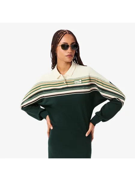Lacoste Sukienka Z Kołnierzykiem Polo Z Długim Rękawem Z Blokadą Koloru Slim Fit Ciemnozielona zielony