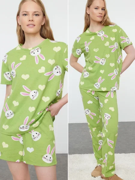 Pijamale Trendyol tricotate cu motiv cu inimi verde