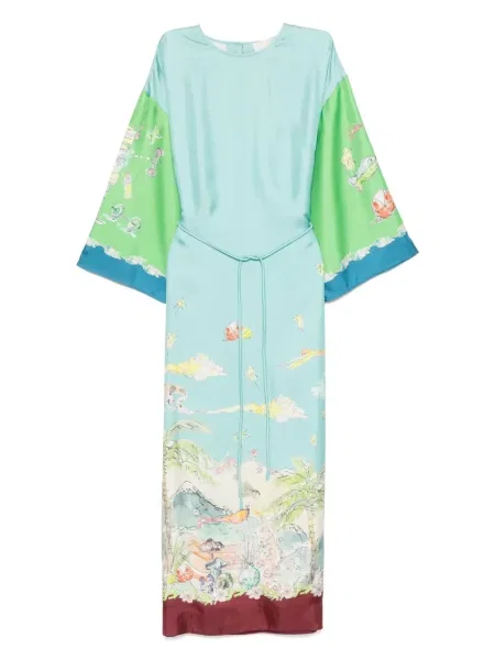 Jedwabna sukienka midi Alemais z nadrukiem do kolan niebieska