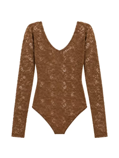 Body Weili Zheng cu model floral din dantelă maro