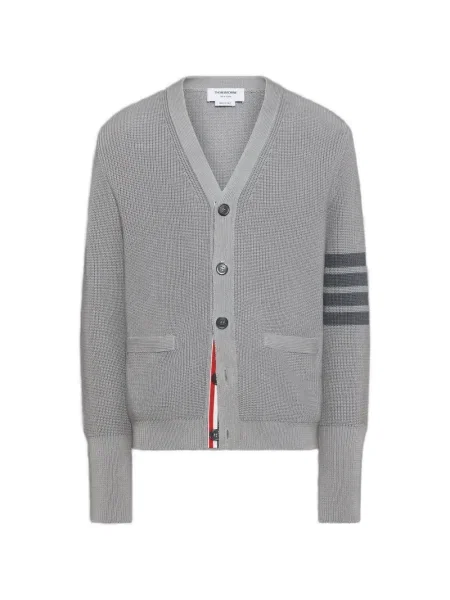 Cardigan Thom Browne cu dungi cu decolteu în V gri