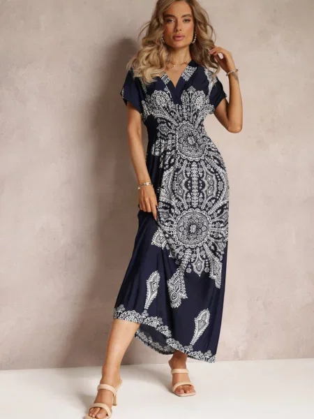 Sukienka Maxi w Etniczny Wzór Josanie granatowa