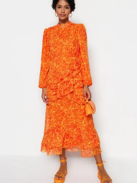 Рокля Trendyol от шифон на цветя с волани оранжево