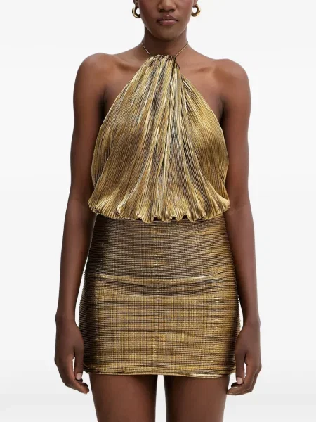 Mała sukienka mini Retrofete z dekoltem halter garniturowa złota