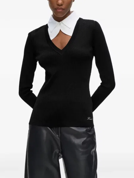 Dzianinowy kołnierzykowy top Karl Lagerfeld czarny