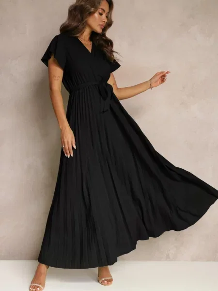 Koktajlowa Maxi Sukienka Ozdobiona Plisami z Trójkątnym Dekoltem i Wiązaniem w Talii Phoelia czarna