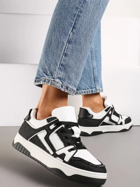Sneakers Negru-Alb cu Petice din Denim Cliome alb