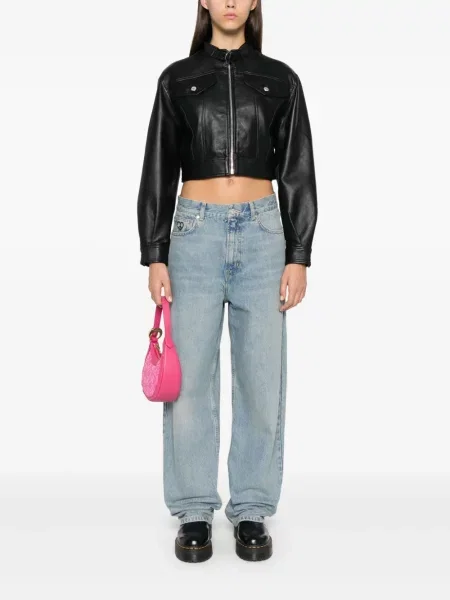 Iš natūralios odos džinsinė striukė Moschino Jeans juoda