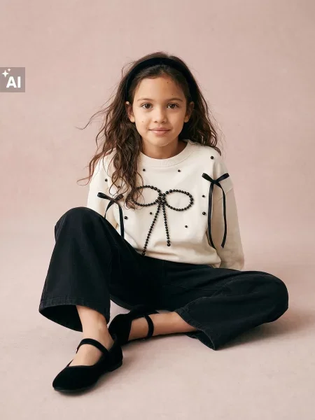 Sinsay Mikina crewneck s bavlnou a motivem mašlí krémová