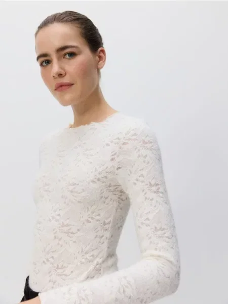 Reserved Мереживне боді з довгими рукавами кремовий 