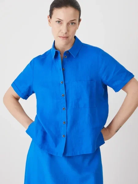 Ленена риза Medicine дамска розово със стандартна кройка с класическа яка синьо