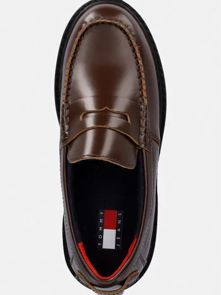 Tommy Jeans мокасини дамски кожени ARCHIVE LEATHER LOAFER кафяво