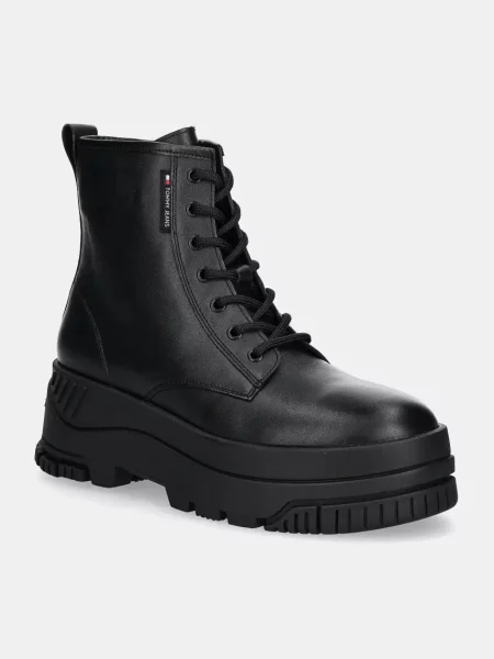 Кожени боти Tommy Jeans TJW LACE UP FLATFORM BOOT с платформа черно