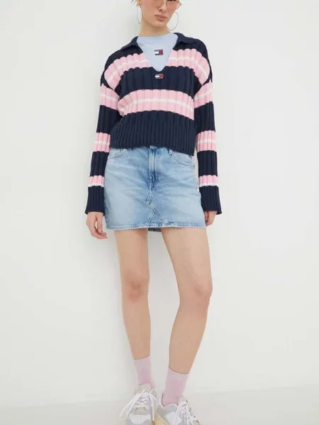 Дънкова пола Tommy Jeans къса с кройка тип молив синьо