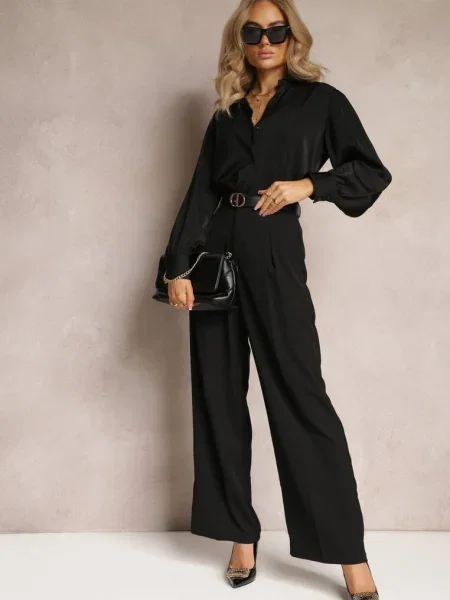 Pantaloni cu talie inalta si picior larg Ellika negri