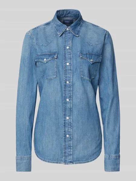 Bluzka Polo Ralph Lauren elegancka z kieszeniami na piersi niebieska