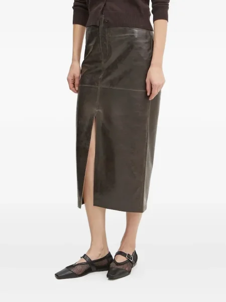 Spódnica skórzana Day Birger Et Mikkelsen do kolan z rozcieciem brązowa