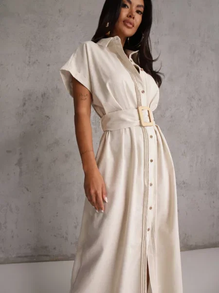 Rochie-cămașă din cu dungi decorative și Ageusa bej