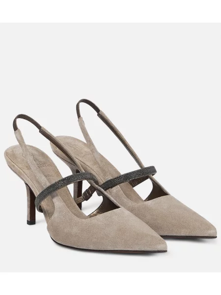 Pantofi cu toc Brunello Cucinelli din piele de căprioară slingback maro
