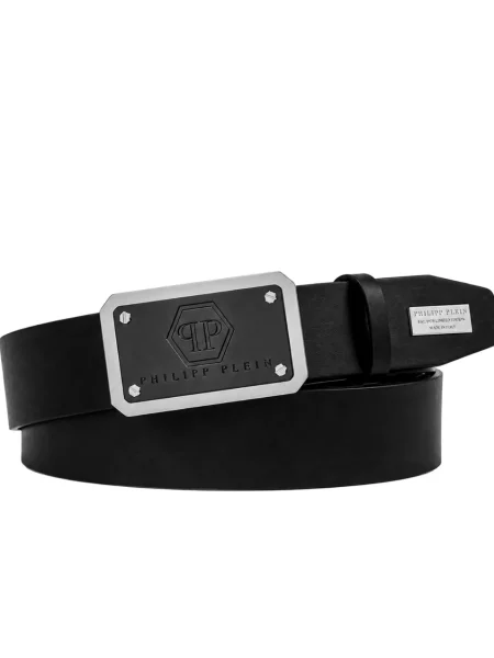 Curea Philipp Plein din piele cu autograf negru