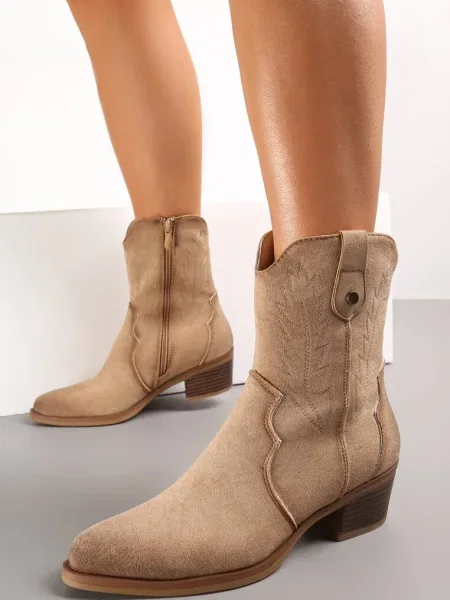 Botine Cowboy cu broderie delicată verticală bej