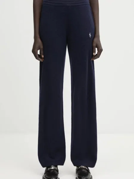 Sporty & Rich pantaloni de lână SRC Cashmere bleumarin lat high waist
