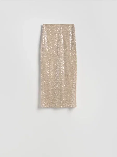 Reserved Cekinowa spódnica midi kremowy