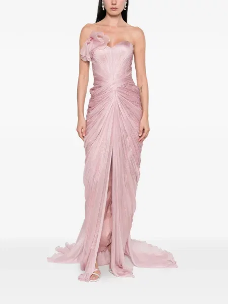 Rochie maxi Iris Serban cu volane de costum roz