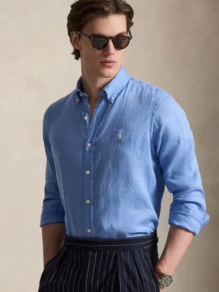 Polo Ralph Lauren cămașă pentru bărbați din in Long Sleeve Sport Shirt albastru