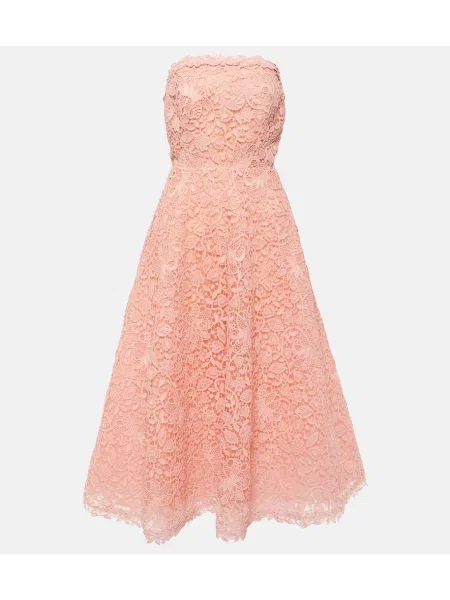Midi obleka Carolina Herrera s čipko brez naramnic roza
