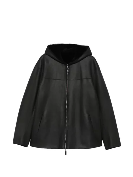 Geacă Emporio Armani cu glugă din piele de oaie negru